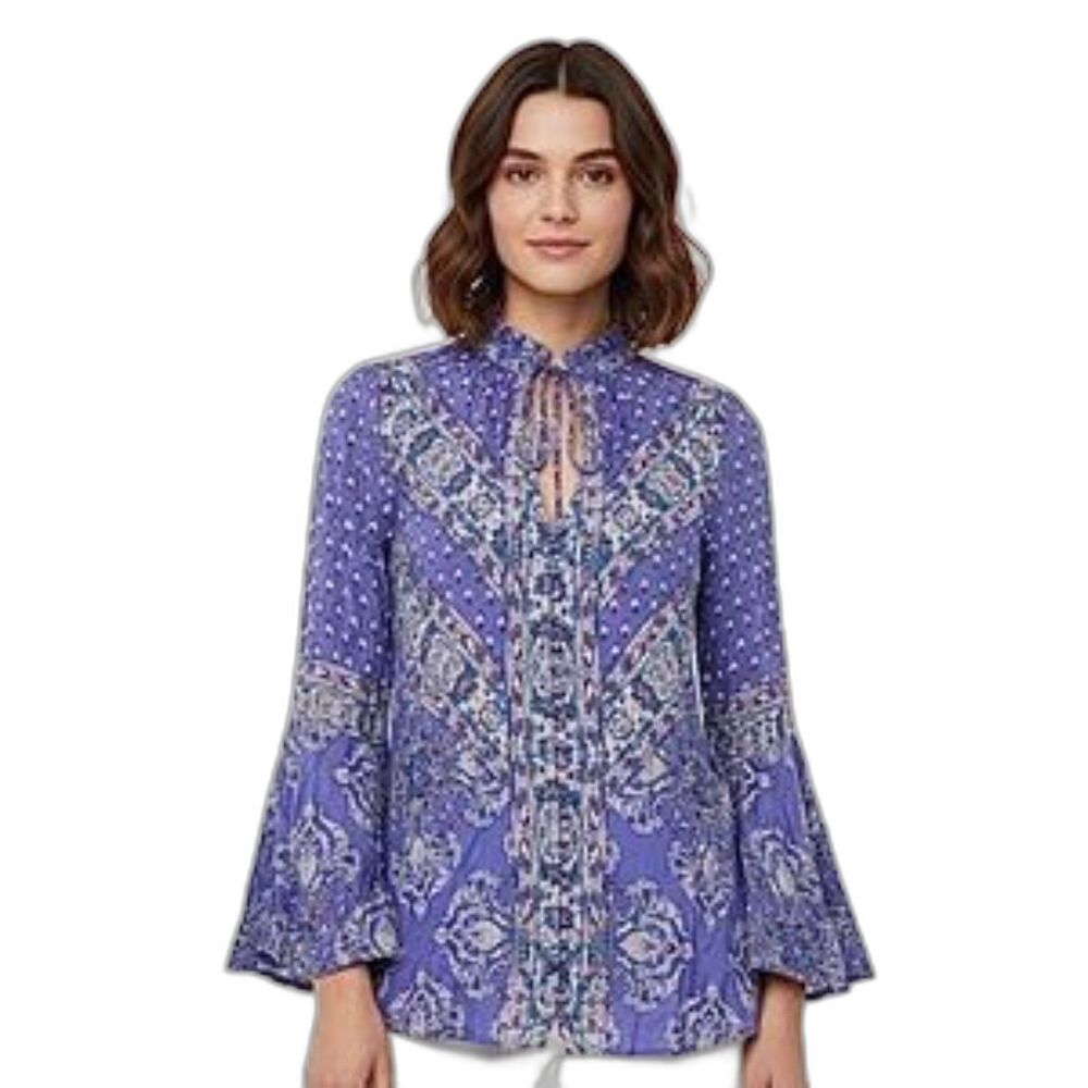 Free People Purple Paisley Split Neck Button Front Bell Sleeve Blouse Size XS